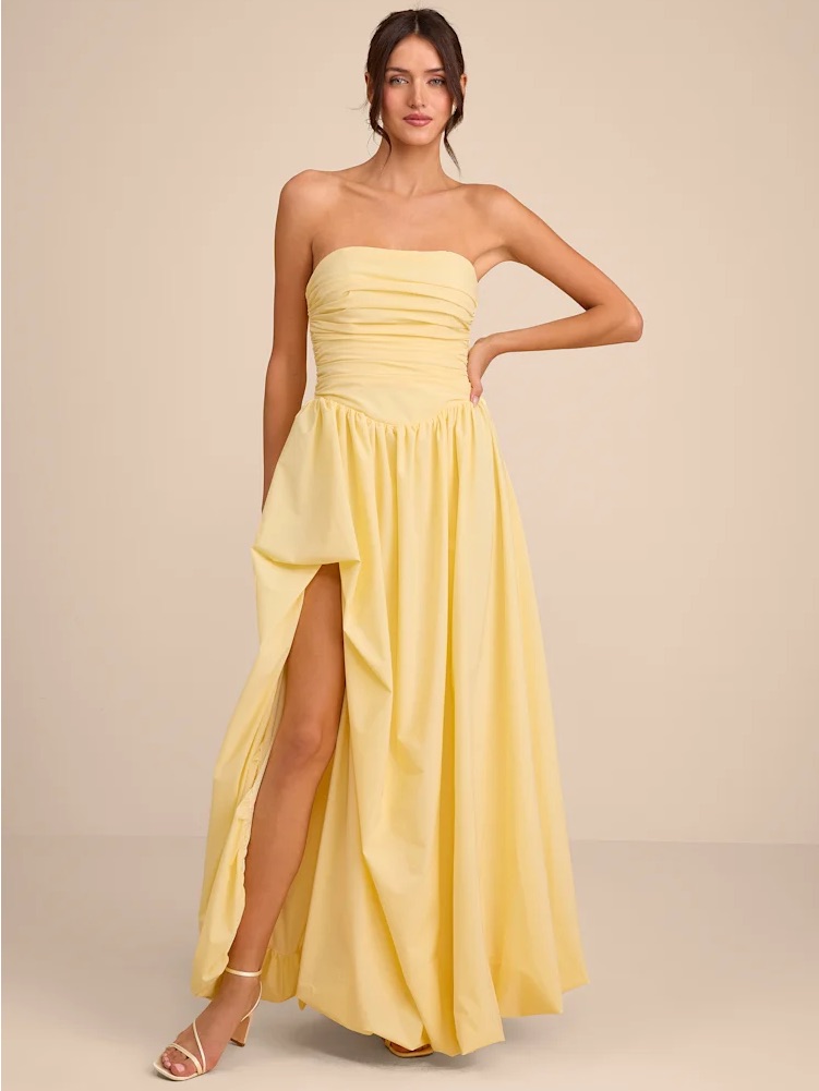 Lulu's Strapless Pale Yellow High-Slit Ruched Gown